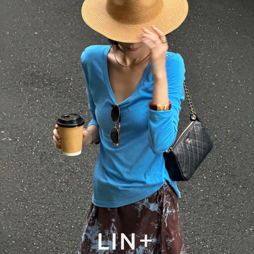 LIN+  -纺纱自然肌理大牌基础大U领松弛设计小衫(含100棉料)LJ289