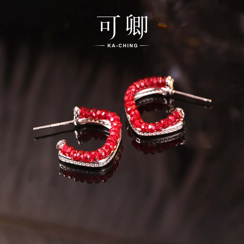 可卿珠宝 婉约 彩宝耳饰925银红蓝宝翡翠耳环正品