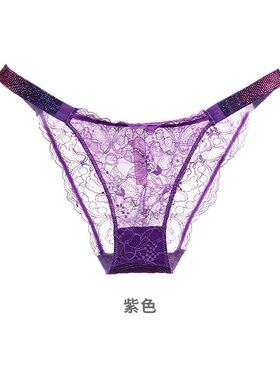 高定版！3A水钻无味~外贸欧美紫色性感蕾丝内裤紫色烫钻三角裤女