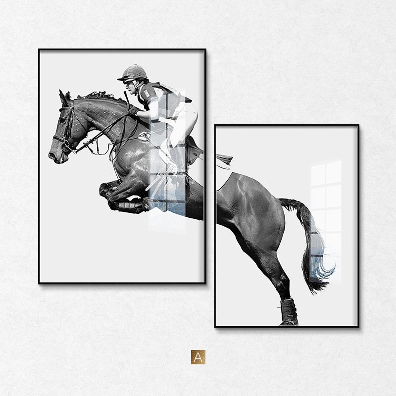 现代简约装饰画马术骑马客厅沙发办公室创意时尚艺术黑白墙画挂画图片