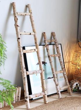 白桦木梯子橱窗花艺装饰摆饰户外花园庭院幼儿园收纳布置拍摄道具