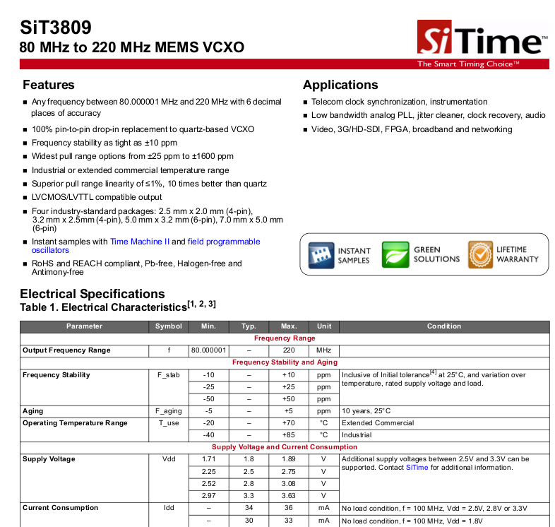 SIT3809AI-D2-33E 3.3V SITIME VCXO 压控贴片晶振 8X7M 87MHZ