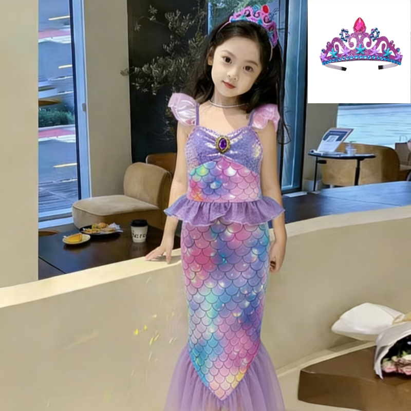 女童美人鱼公主裙夏季新款吊带鱼尾裙亮片女孩无袖背心礼服裙子夏