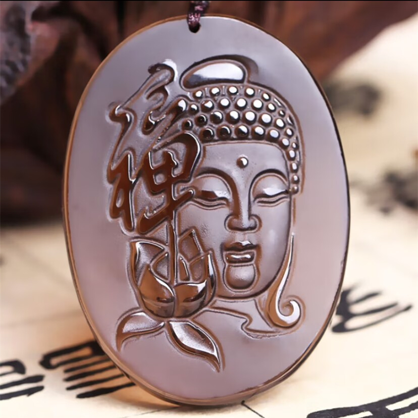 冰种黑曜石释迦摩尼佛祖吊坠本命年护身符男女毛衣链禅意荷花挂件