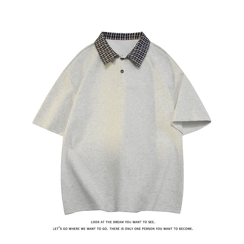 SIDEEFFECT 重磅港风撞色拼接短袖正肩宽松格子翻领休闲plol衫 夏