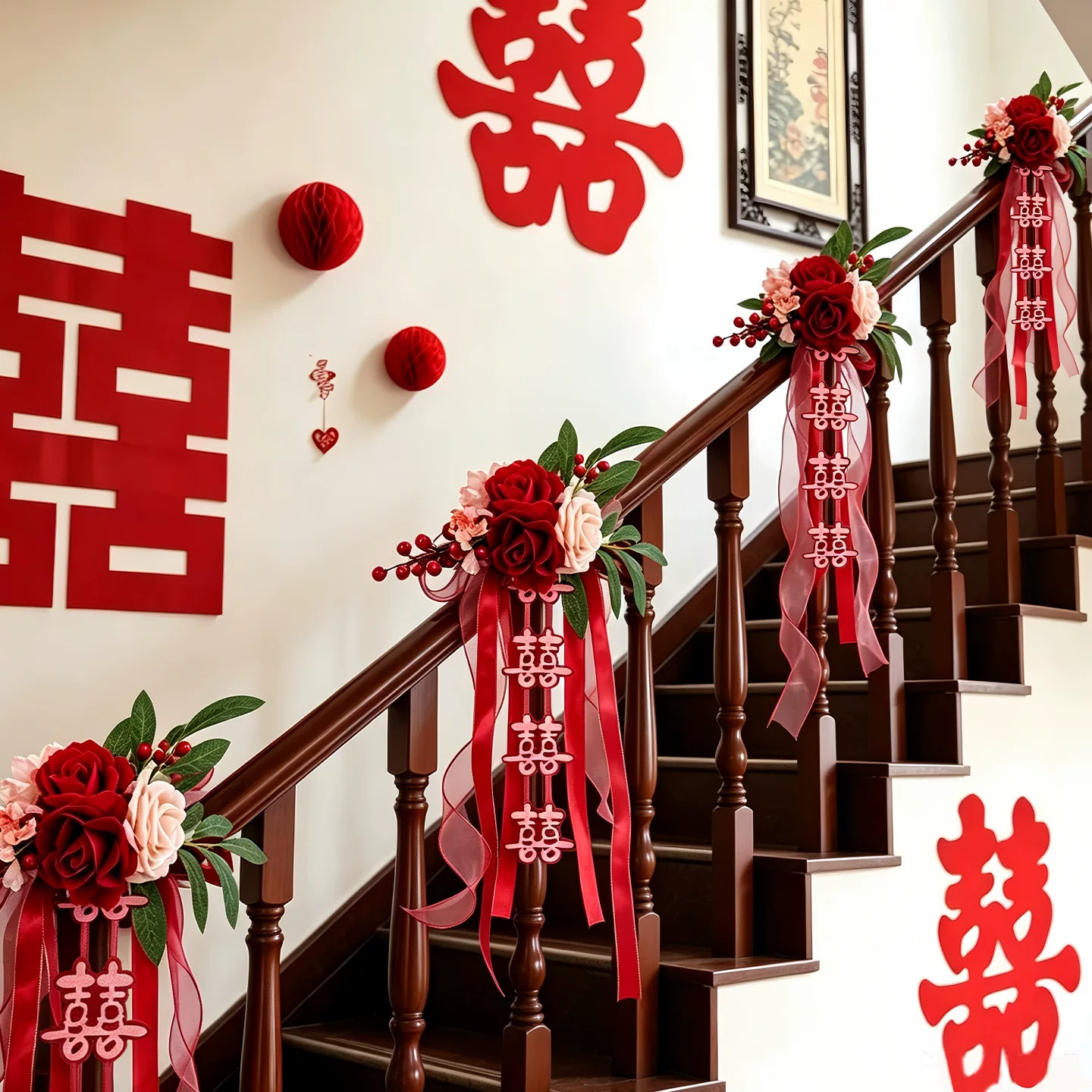 结婚楼梯扶手装饰仿真花流苏绑花图片