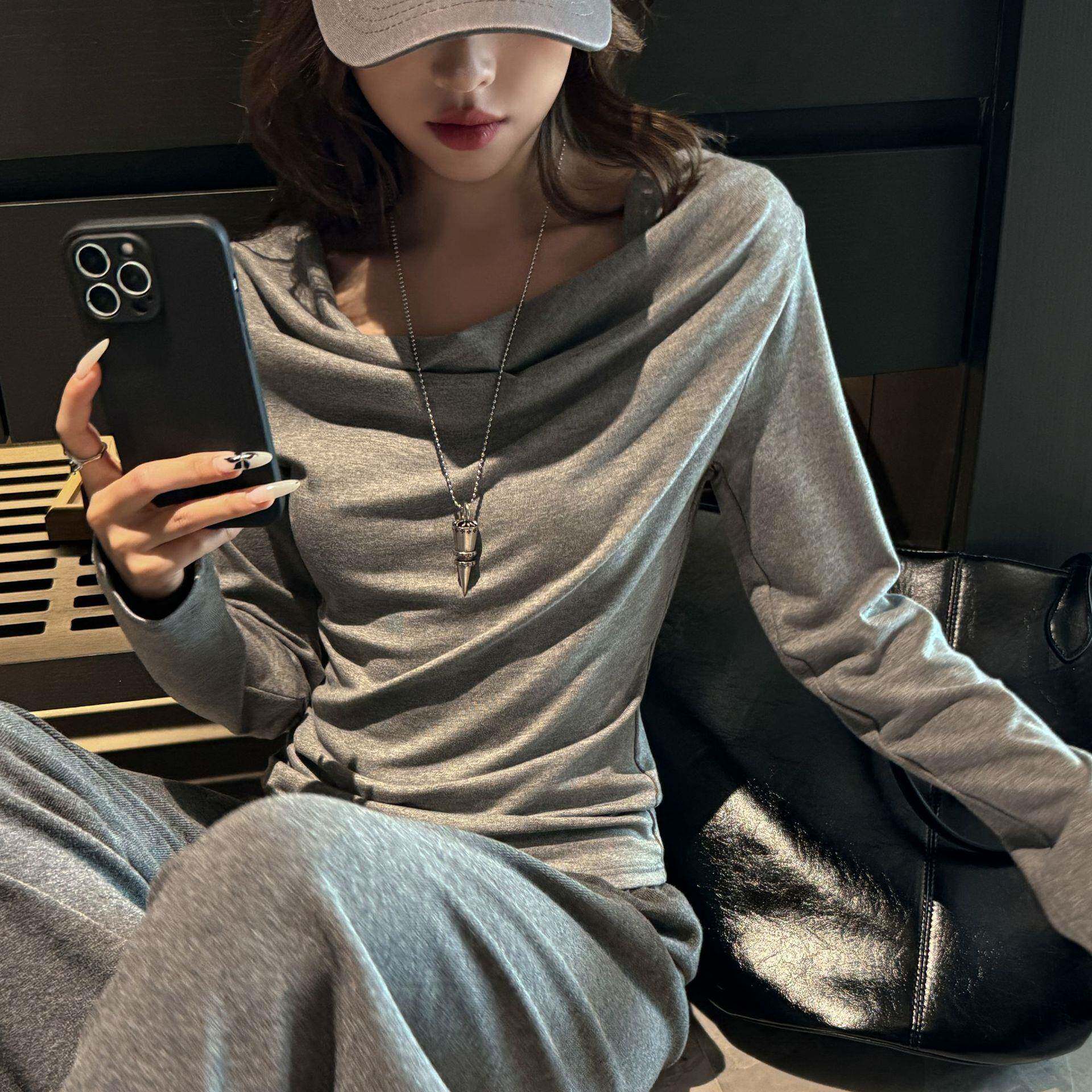 严选韩系荡领打底衫女设计感修身长袖t恤慵懒风纯色外穿内搭上衣