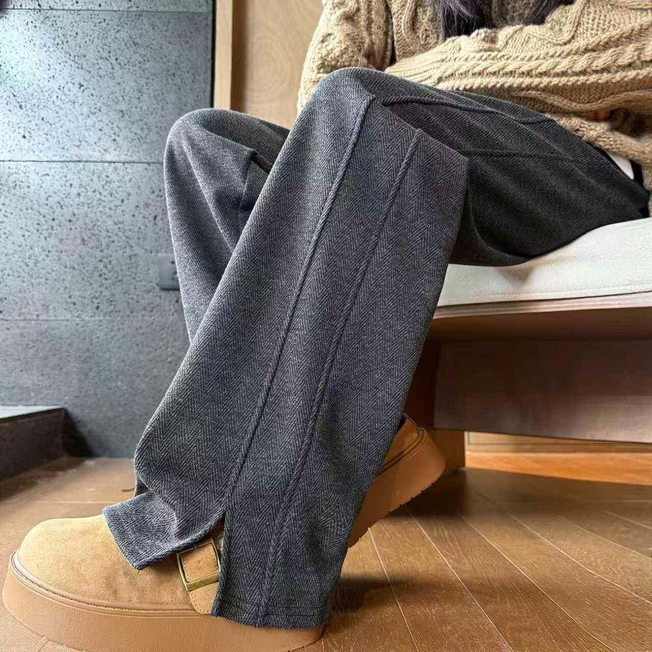 针织裤子女秋冬2025新款高腰加绒直筒羊毛休闲叉人字纹窄版阔腿裤