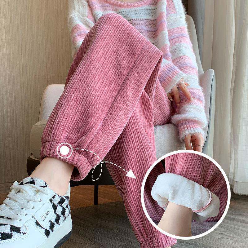 粉色灯芯绒裤子女秋冬2025新款萝卜裤束脚九分运动裤休闲加绒卫裤
