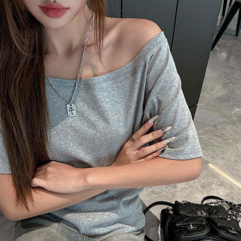 宽松一字肩落肩短袖T恤女纯色慵懒风百搭休闲设计感小众打底衫