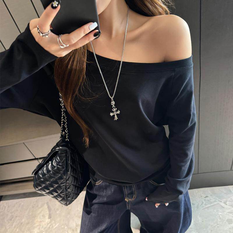 秋冬季莫代尔斜肩宽松长袖t恤女辣妹简约内搭打底高级感显瘦上衣