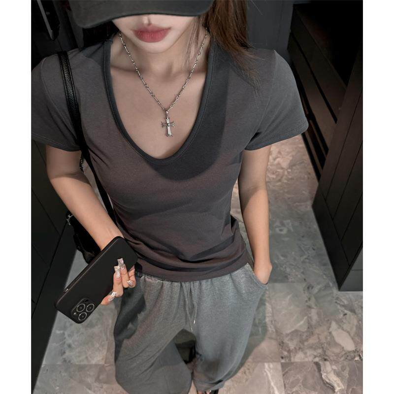 纯棉深U领纯欲风正肩短袖女式t恤夏季韩系女装修身打底衫内搭上衣