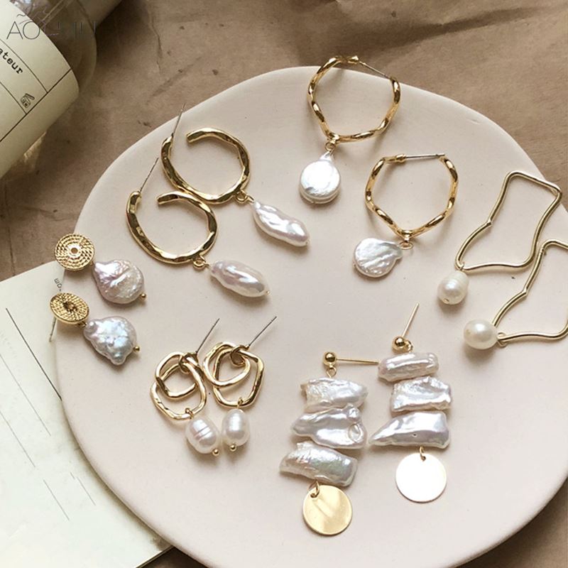 Korea Design Metal Gold Geometric Irregular Circle耳坠珍珠