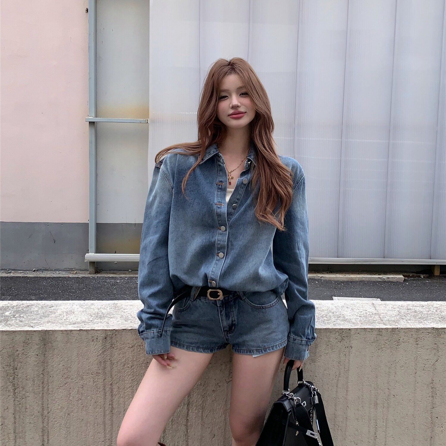 外贸出口捡漏特价美式时尚宽松翻领长袖外套女夏季复古牛仔套装休