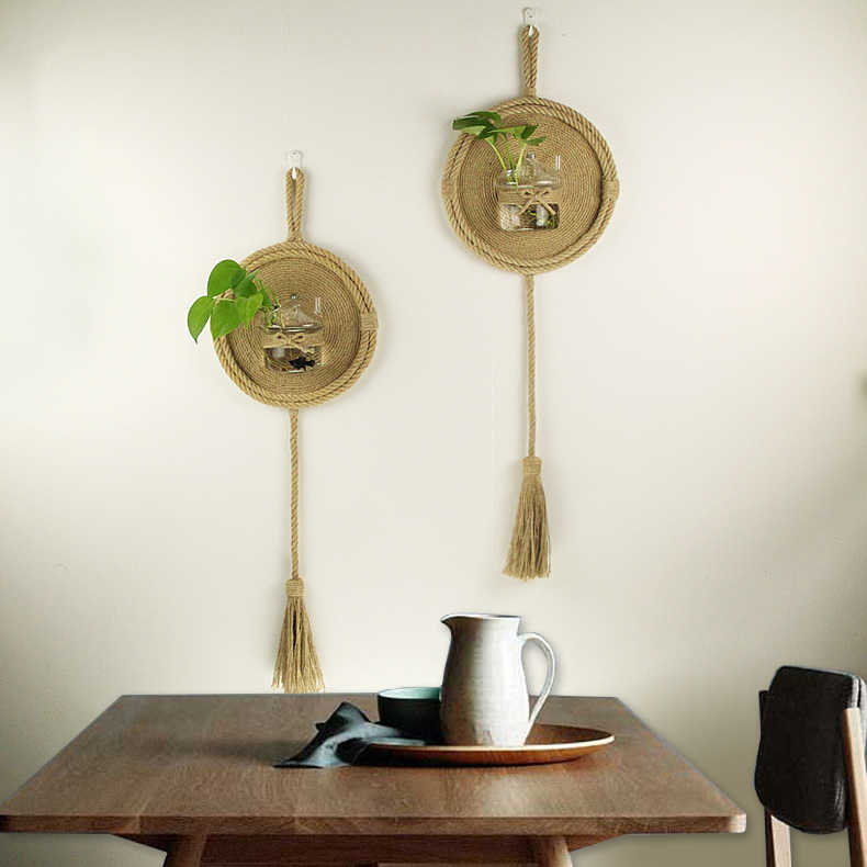 创意复古田园家装水培植物花瓶圆形麻绳框工艺画壁挂墙面装饰吊件图片