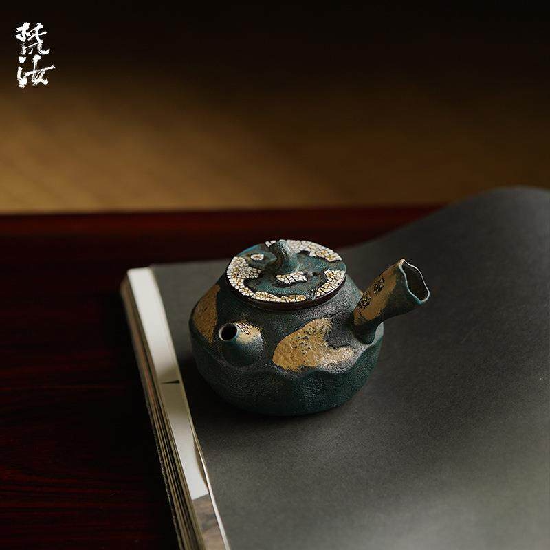 梵汝侘寂幽绿植物大漆拓片侧把壶仿古文人雅玩防烫禅意泡茶壶单壶