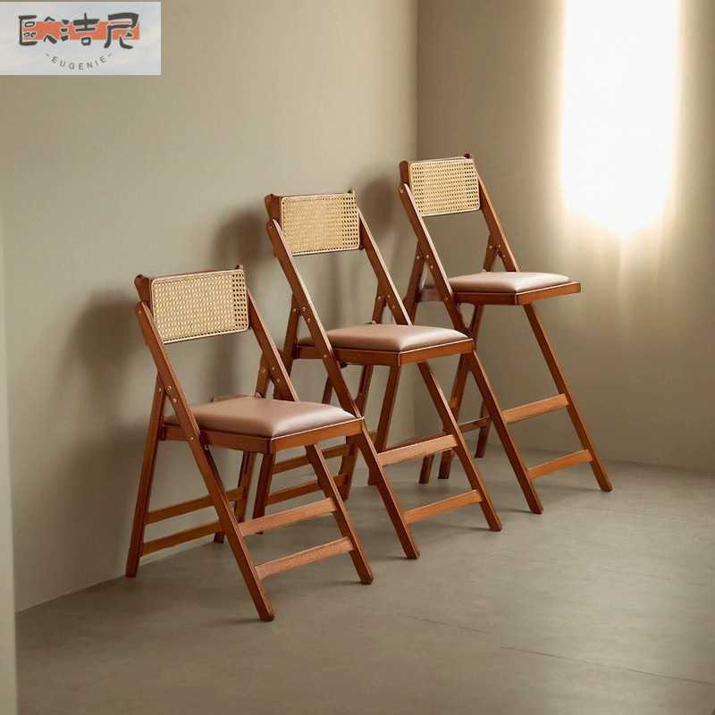 藤编椅子家用折叠椅实木凳子休闲靠背餐椅靠背椅北欧原木胡色民宿