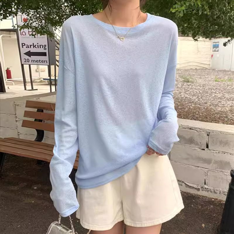 复古宽松b慵懒风白色圆领长袖防晒衫T恤女薄款透视性感小衫ins上