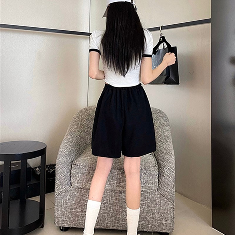 黑色西装短裤大码女胖mm高w腰小个子运动裤休闲宽松外穿五分阔腿