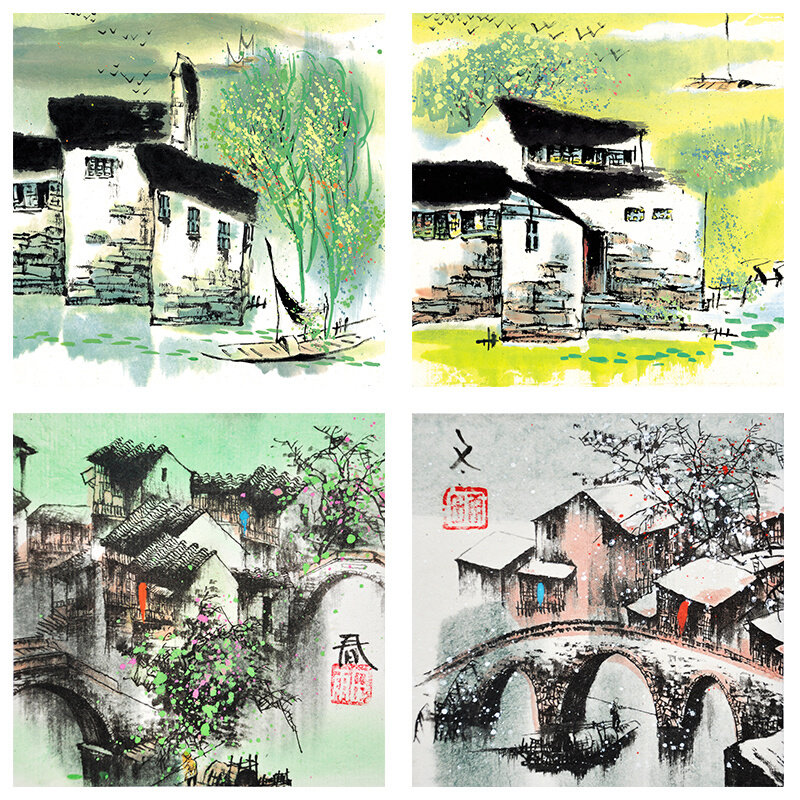 水墨江南水乡吴冠中斗方客厅民宿春夏秋冬乡村风景建筑挂画墙画