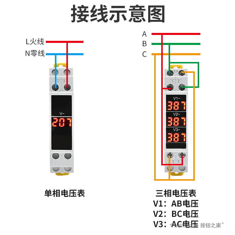 导轨安装式电压表数字单相数显BV-1R 3R交流AC80-500VATC 50/60Hz