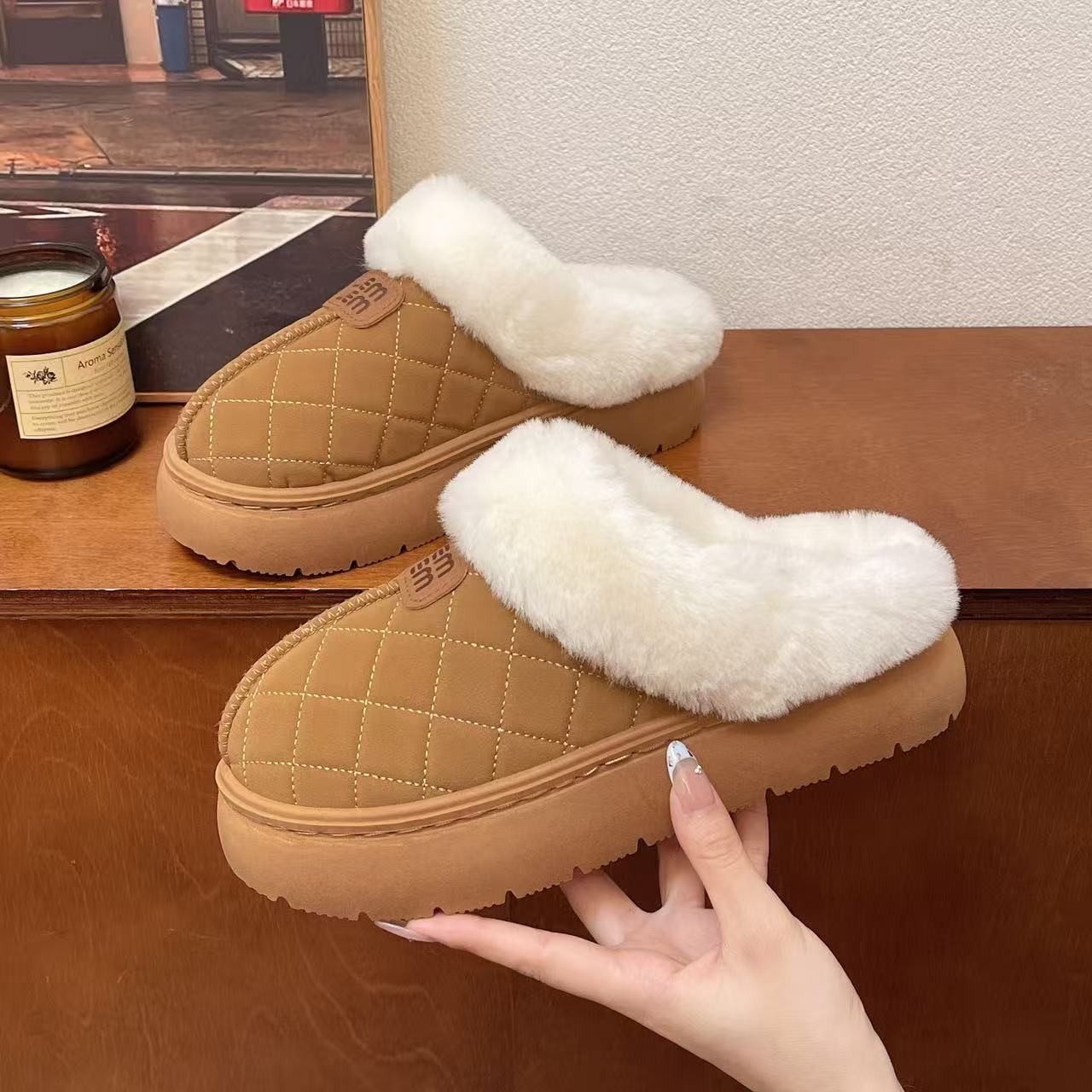 优遇家新款冬季情侣居家厚底防滑毛绒包头保暖外穿冬季棉拖鞋