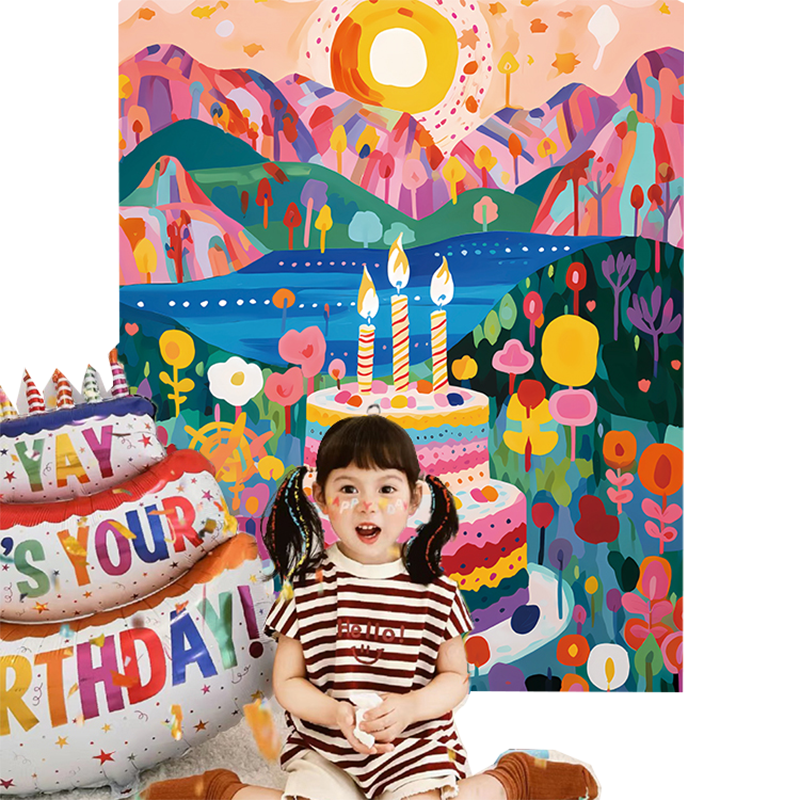小红书同款油画生日蛋糕背景布小孩宝宝生日拍照海报周岁装饰布置