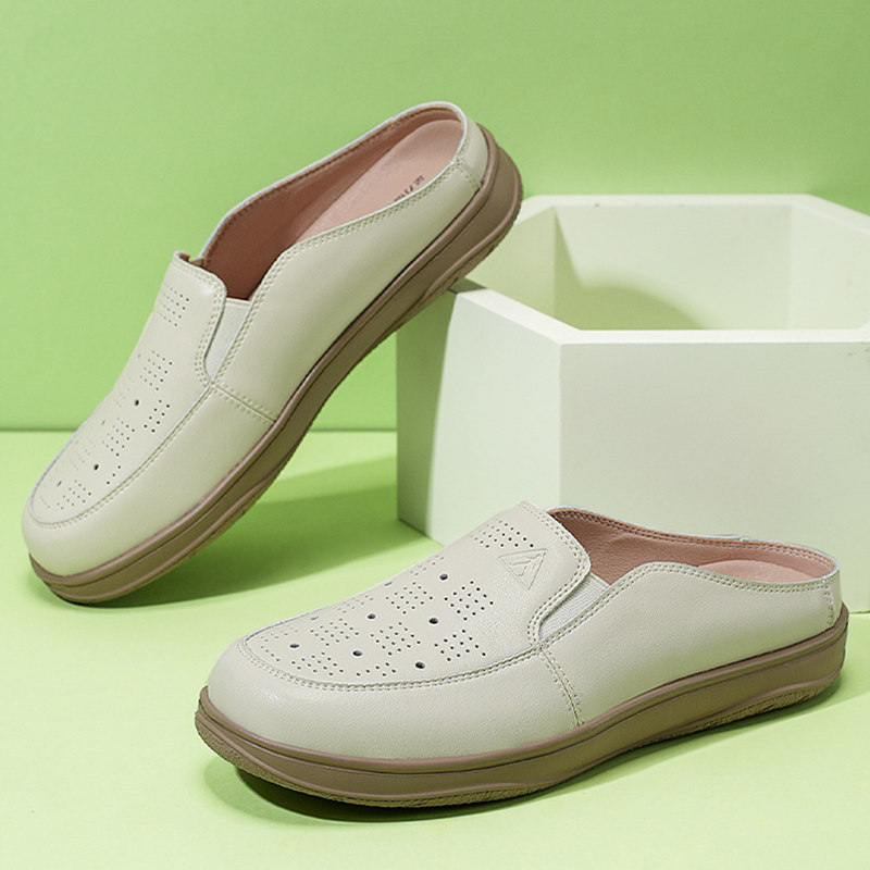 足力健老人鞋夏季中老年舒适防滑妈妈小皮鞋软底浅口一脚蹬