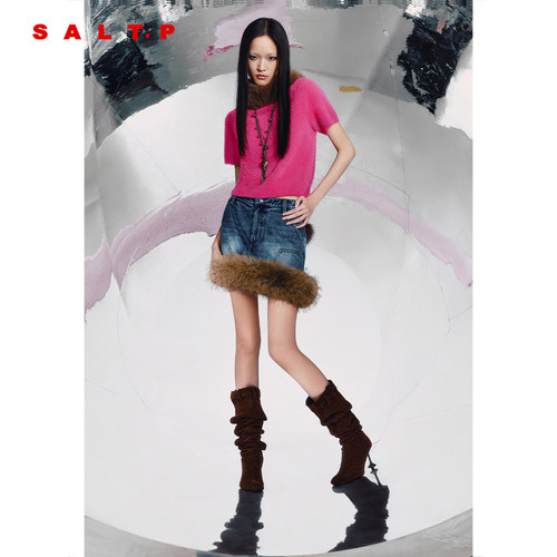 SALT.P可颜2026冬季新款毛绒短袖针织衫女圆领短款上衣AC36506320