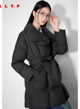 SALT.P可颜2024年冬季新款黑色一手长立翻领系带羽绒服