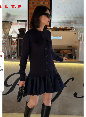 SALT.P可颜深蓝色拼接针织花苞连衣裙短款2025冬季新款AC35505070