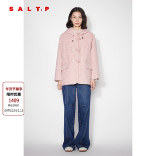 SALT.P可颜粉色羊毛颗粒绒牛角扣连帽大衣外套女中款AC35110110