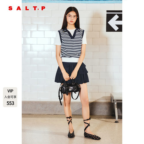 SALT.P可颜航海系条纹假两件针织短袖女夏季薄款上衣AC36106340
