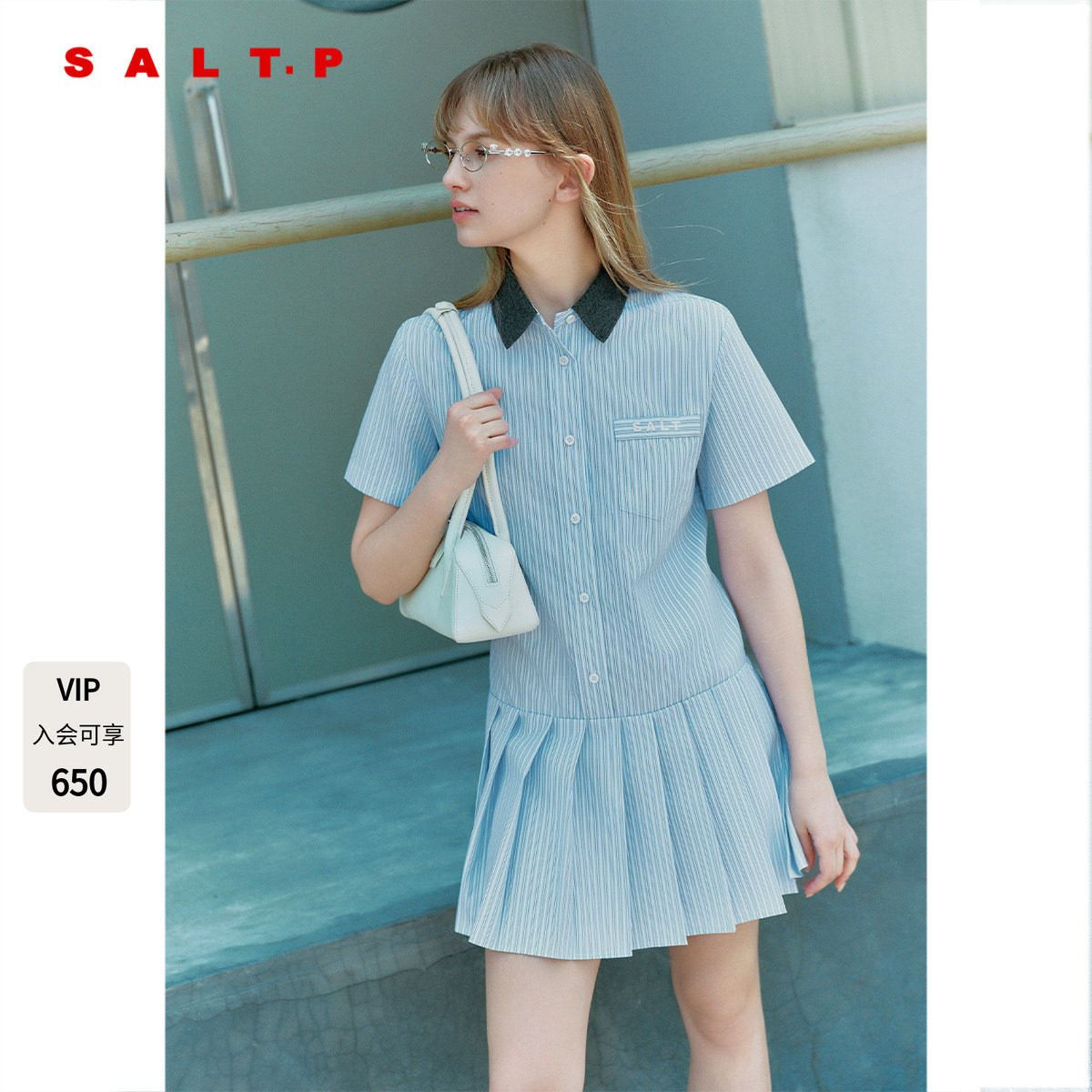 SALT.P可颜浅蓝条纹MIU系连衣裙女夏短款学院风百褶裙AC35305100图片