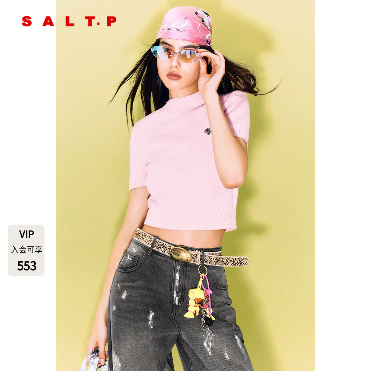 SALT.P可颜粉色半高领短袖针织衫女短款合身版AC35306140图片