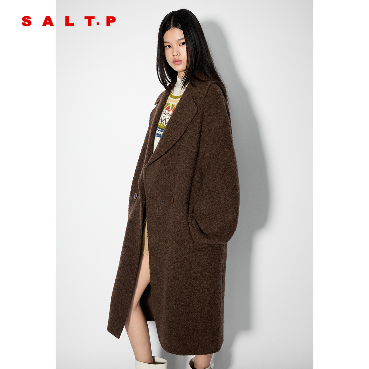 SALT.P可颜圈圈纱羊毛羊驼毛翻领大衣外套女2025冬新款AC35580110