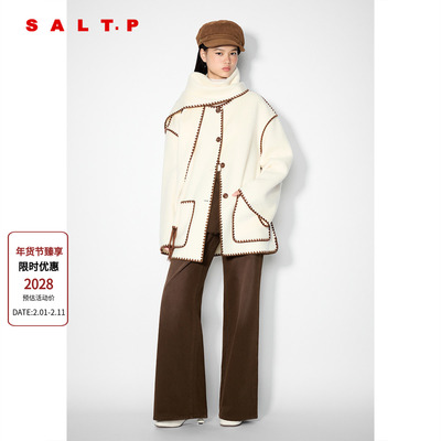 SALT.P可颜羊毛双面呢贝壳绣流苏围巾大衣女2025冬新款AC35580080