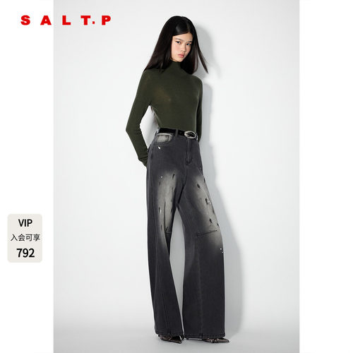 SALT.P可颜黑色泼墨牛仔裤女烫钻长裤直筒阔腿2025冬AC35520240