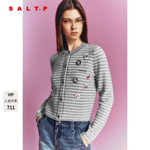 SALT.P可颜条纹针织开衫女2026冬季新款可拆卸徽章装饰AC36506100