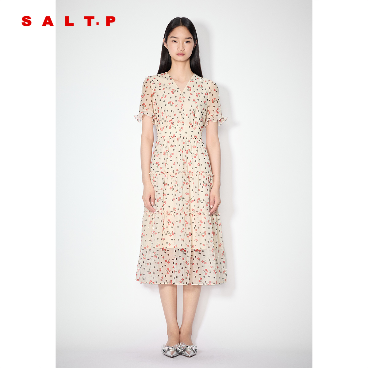 SALT.P可颜2025夏季新款法式休闲风樱桃印花短袖连衣裙蛋糕裙