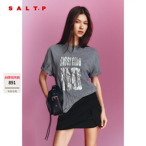 SALT.P可颜灰色压褶短袖T恤做旧银色印花2026夏季新款AC36260100