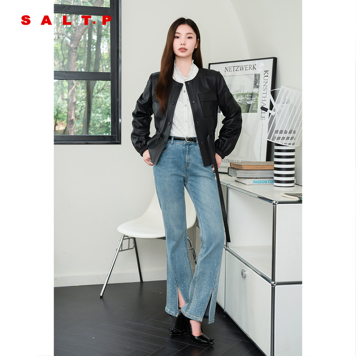 SALT.P可颜2024年秋季新款安可拉红/黑色绵羊皮革皮衣外套女短款