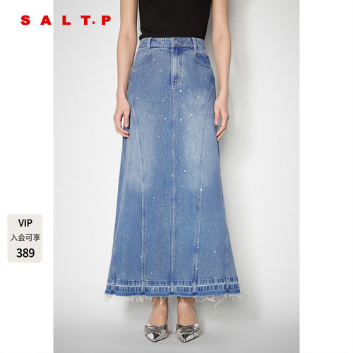 SALT.P可颜烫钻牛仔半身裙女夏季a字长款鱼尾流苏下摆AC35250110