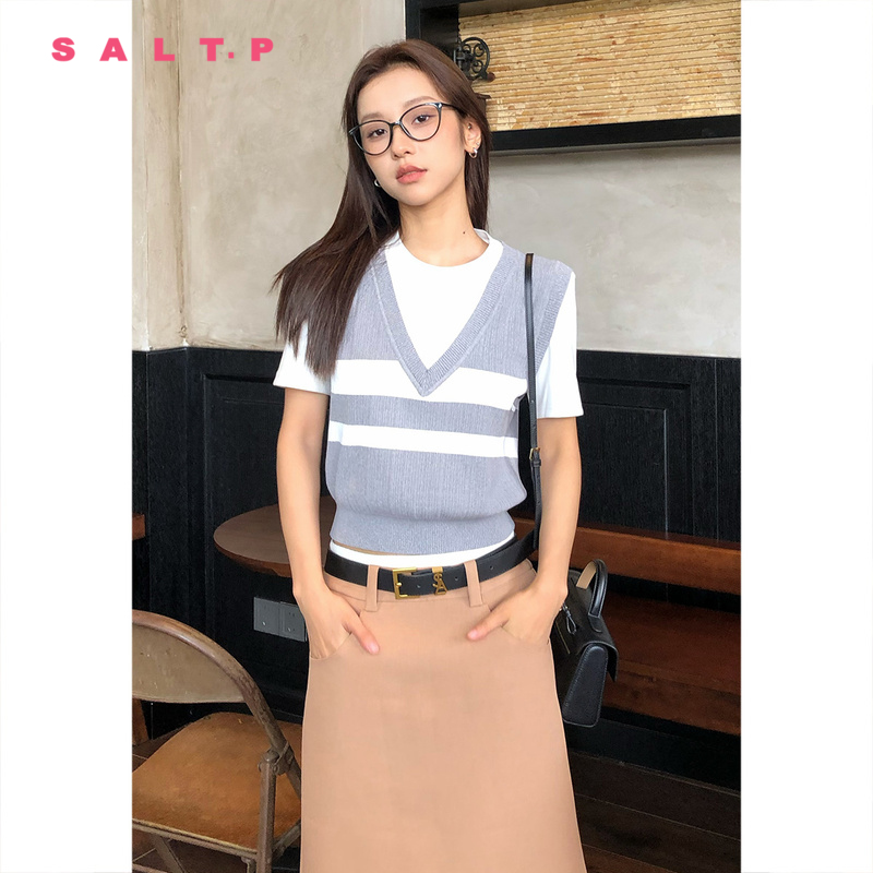 SALT.P可颜【董洁同款】学院风假两件针织马甲拼接T恤女夏