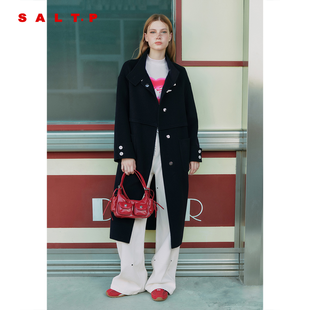 SALT.P可颜100高支羊毛立领大衣外套女长款2025冬新款AC35580050