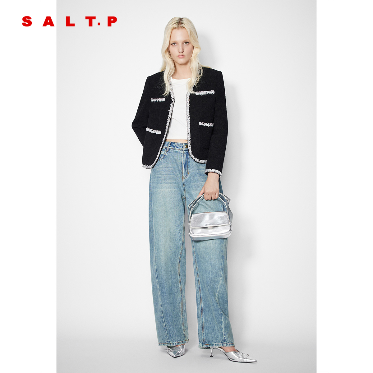 SALT.P可颜羊毛混纺亮片织带小香风短外套女2025冬新款AC35510150