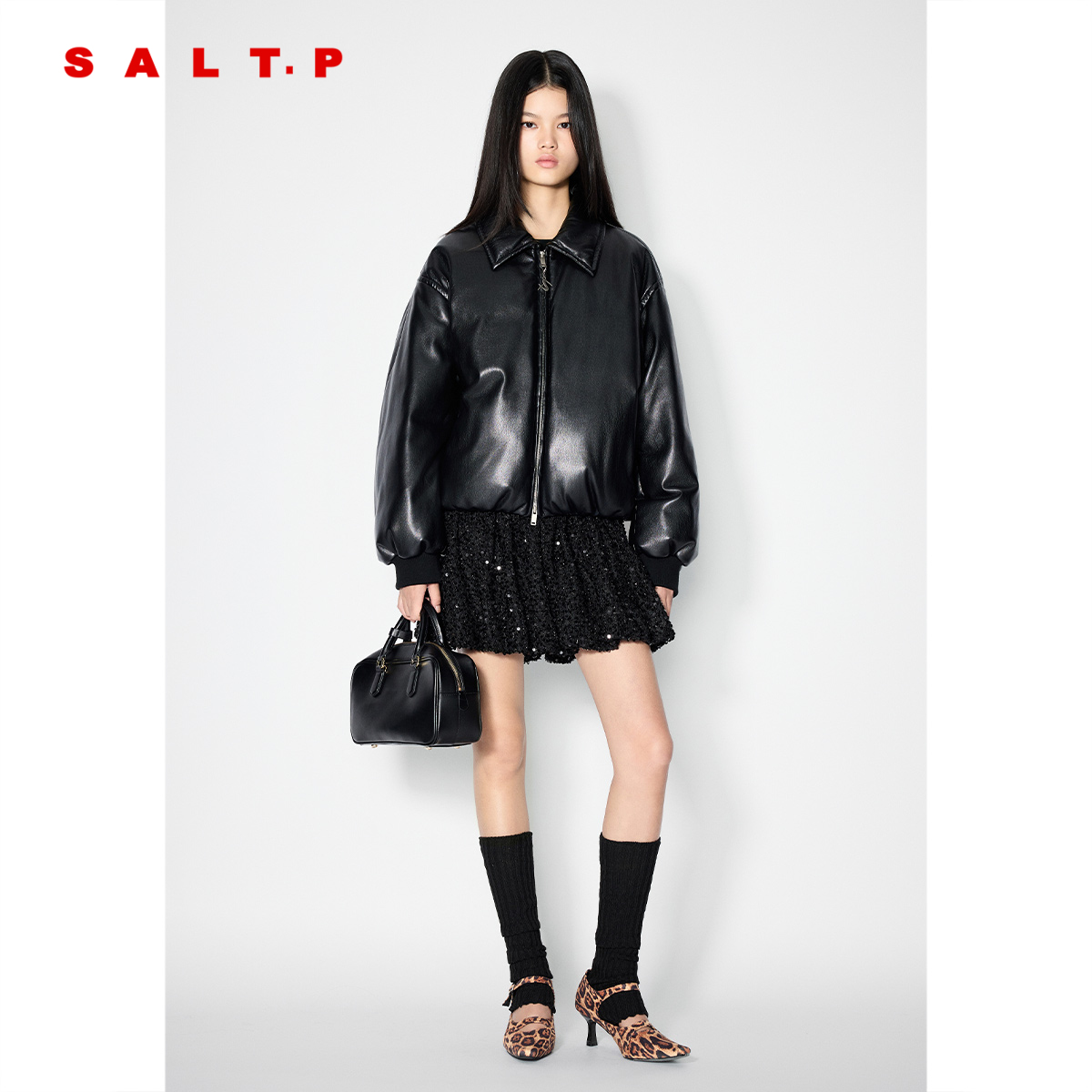 SALT.P可颜机车蛋白皮面包羽绒服女白鸭绒2025冬新款AC35508250