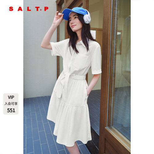 SALT.P可颜白色绑结短袖连衣裙女夏季收腰衬衫裙短款AC35205340