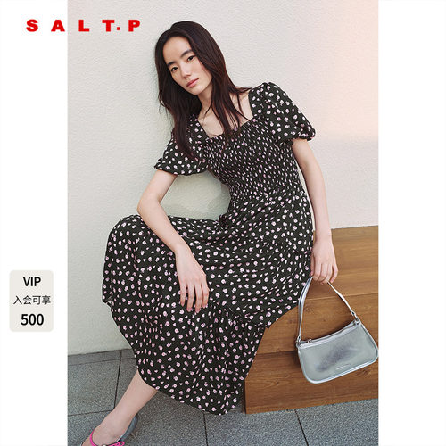SALT.P可颜复古法式泡泡袖方领提花碎花连衣裙女夏季AC35205540
