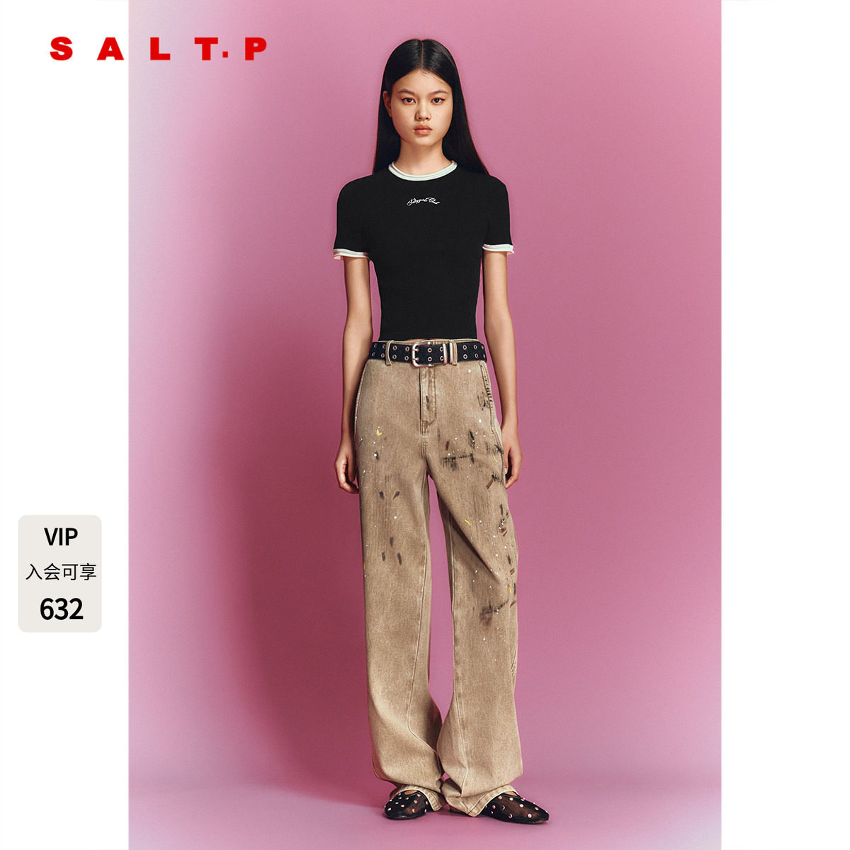 SALT.P可颜圆领字母针织短袖女正肩修身2026夏季新款AC36206070图片